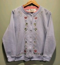 Vtg Shenanigans Lt Blue Pink Floral Embroidered Cardigan Sweatshirt Sz S Mature