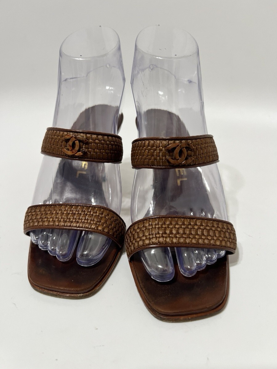 Vtg Chanel Brown Raffia CC Logo Sandal Heels 35 | eBay