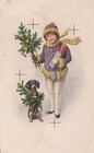 Dachshund Dog and Girl w Christmas Tree Branch Old Postcard