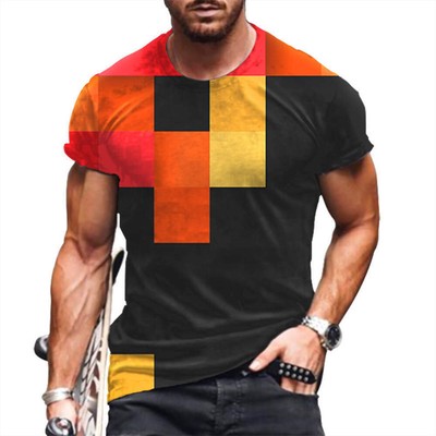 Mens Polyester Geometric Print Short Sleeve Shirt Casual Summer Top