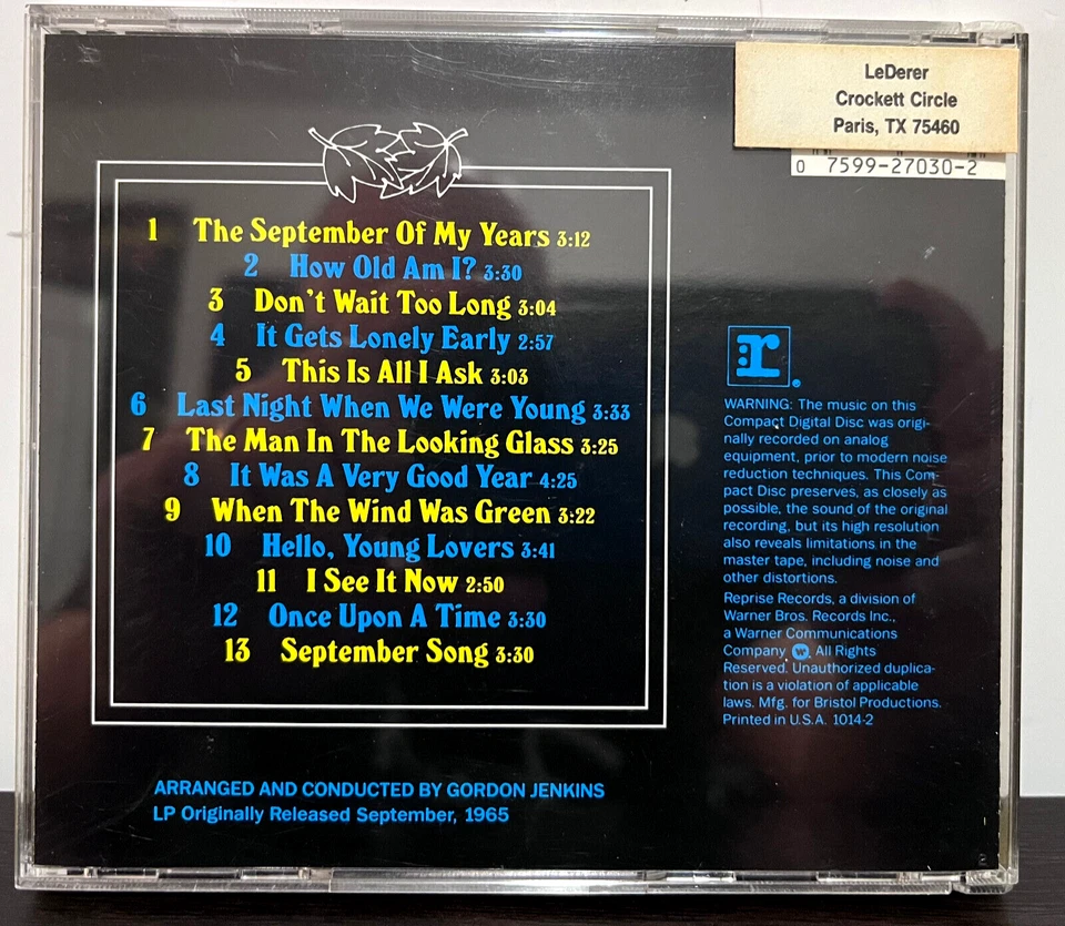 FRANK SINATRA - September Of My Years (Japan) - Compact Disc CD - EX Condition Foto 2 de 4