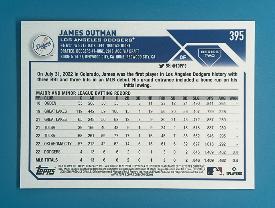 2023 Topps Complete Set Gold Star #395 James Outman Dodgers Rookie - Image 2 of 2