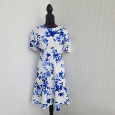 LAUREN RALPH LAUREN Womens White Blue Floral Dress Stretch Ruffled Sleeves Zip 0