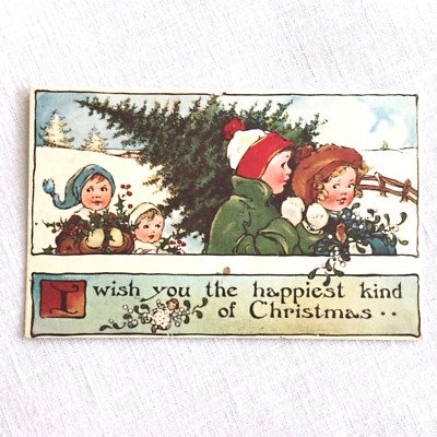 I Wish you the Happiest Christmas Kids Snow Scene Tree Holly Mistletoe VG PC
