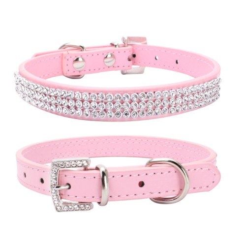PINK Rhinestone Diamond Dog Collar Leather Dog Puppy Cat Kitten XS S M L - Picture 7 of 7