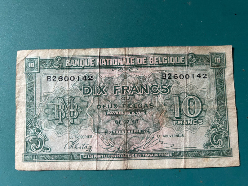 1943 Belgium - Banque Nationale de Belgique 10 Francs Banknote