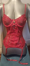 Seven Til Midnight Red Eyelash Lace Corset Bustier Bra & Panty Set Size Small