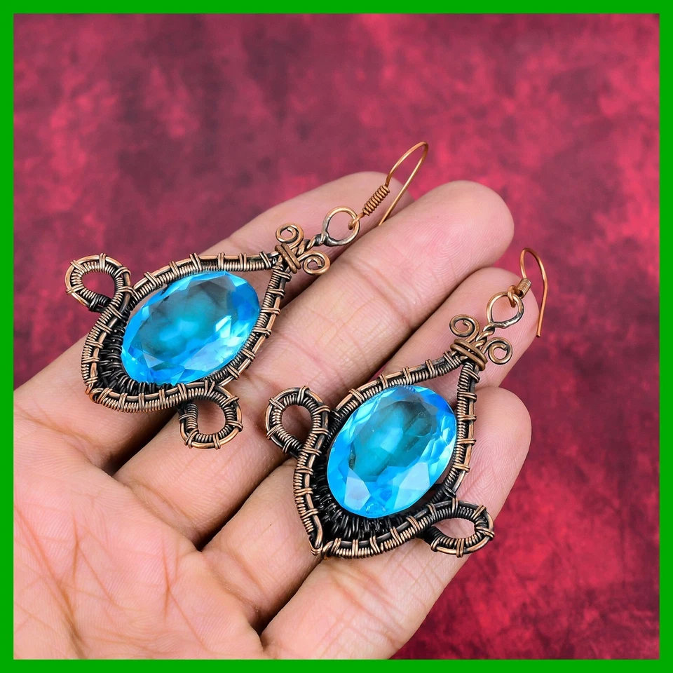 Pendientes de boda envueltos en alambre gancho gota piedras preciosas topacio azul suizo joyería cobre Foto 3 de 4