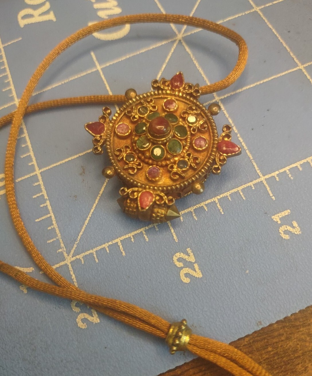 Ruby Emerald Mandala Locket Adjustable Cord Gold … - image 7