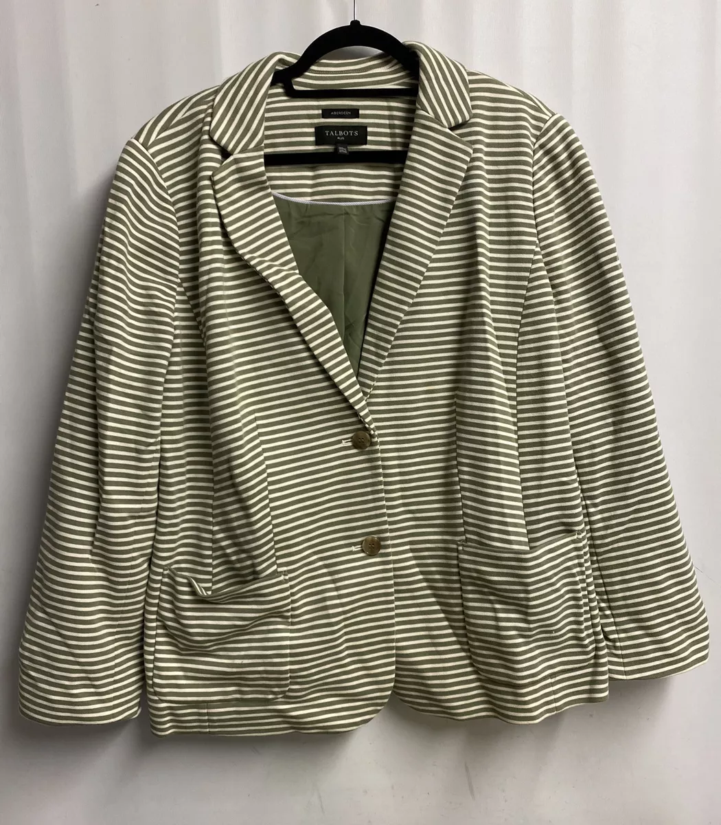 Talbots Womens Knit Striped Blazer US 20W Green White Stretch Career Jacket XXL