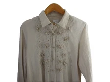 Charter Club Womens XL Beige Embroidered Flowers 100% Linen Button Front Shirt