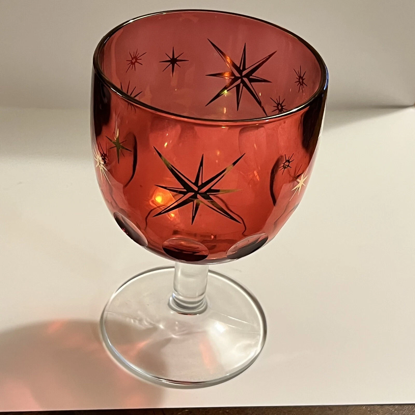 Vintage Bartlett Collins Atomic Starburst Cranberry Thumbprint Goblet