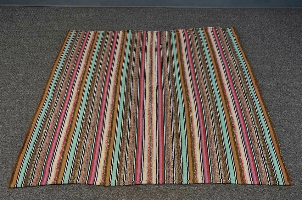 5x5 Vintage Traditional Flat Tribal Wool Kilim Handmade Oriental Area Rug Carpet - Image 4 of 4