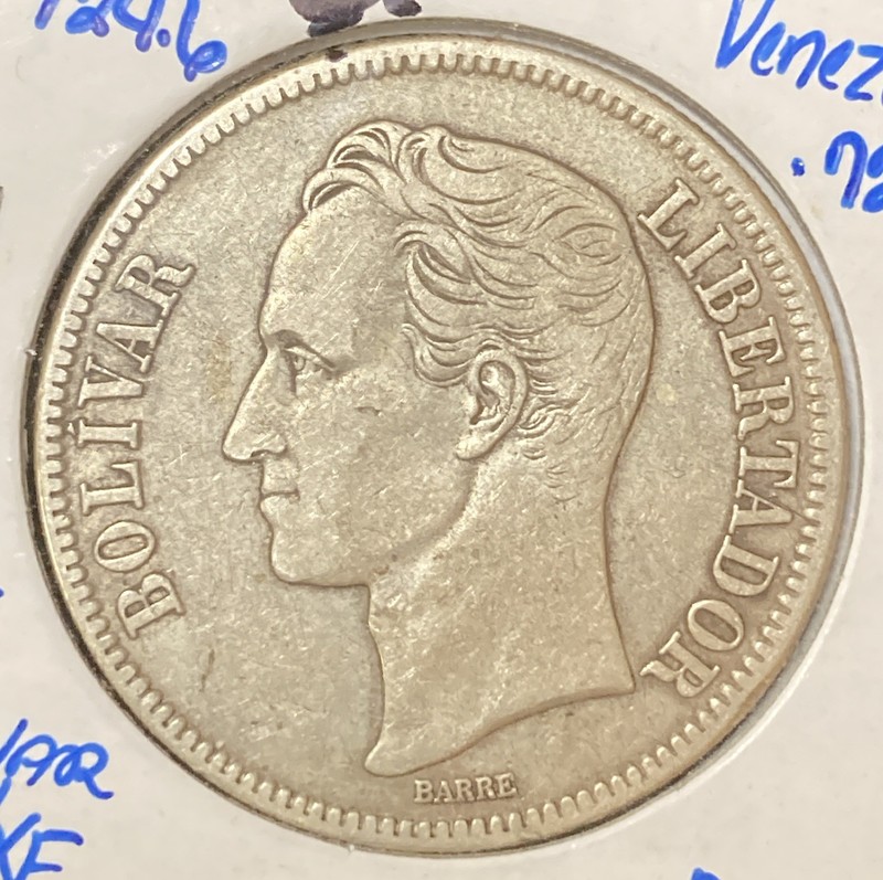 1936 Venezuela 5 Five Bolivares Large Silver Coin