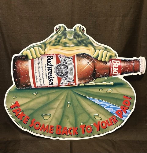 Vintage 1995 Anheuser-Busch Budweiser Frog Metal Tin Sign Wall Decor