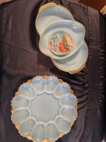 Blue Anchor Hocking Relish And Egg Platter Set 22 Carrot Gold Trim New