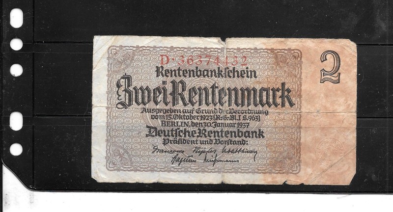 GERMANY #174b 1937 GOOD CIRCULATED 2 RENTENMARK BANKNOTE PAPER MONEY CURRENCY