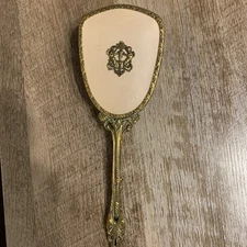 VINTAGE VANITY HAIR BRUSH Victorian Style Antique Gold Brass Tone Nylon Bristles