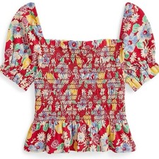 New Polo Ralph Lauren Girls Floral Smocked Peplum Top sz L 12-14 Lemon Floral