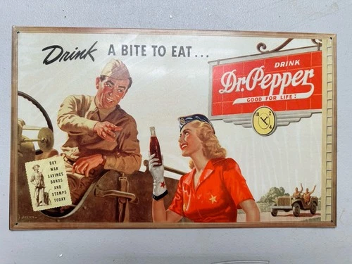 Vintage Dr. Pepper WWII Tin Metal Sign  16 3/4" x 10 1/4"