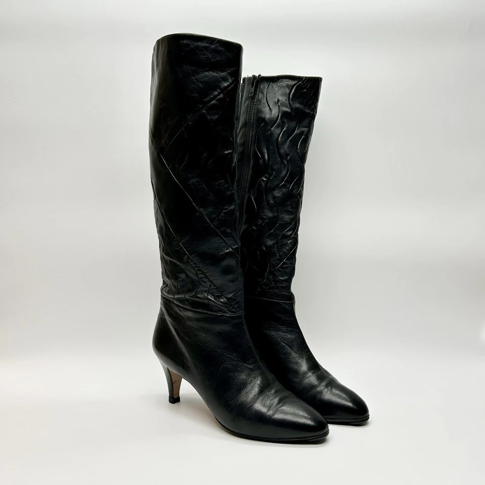 VTG 80s Vaneli Black Knee High Boots Western Slouch Pointy Toe Stiletto Sz 7.5 - Image 2 of 4