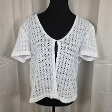 Y2K White Sheer Crochet Cardigan Top Boho Open Knit Short Sleeve Coastal
