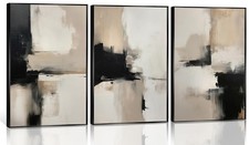 3PC Beige Abstract Wall Art Large Modern Minimalist Posters Prints Black Brow...