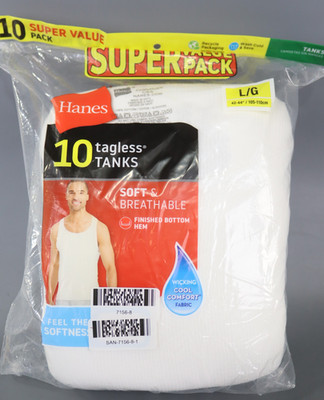 Hanes Men's Tank Top Undershirt 10pk - White Tagless, Moisture Wicking- Size L