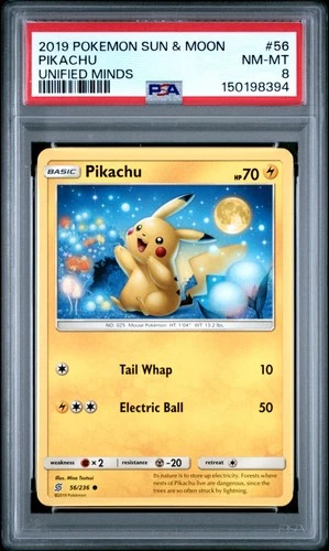 2019 POKEMON SUN & MOON UNIFIED MINDS #56 PIKACHU PSA 8