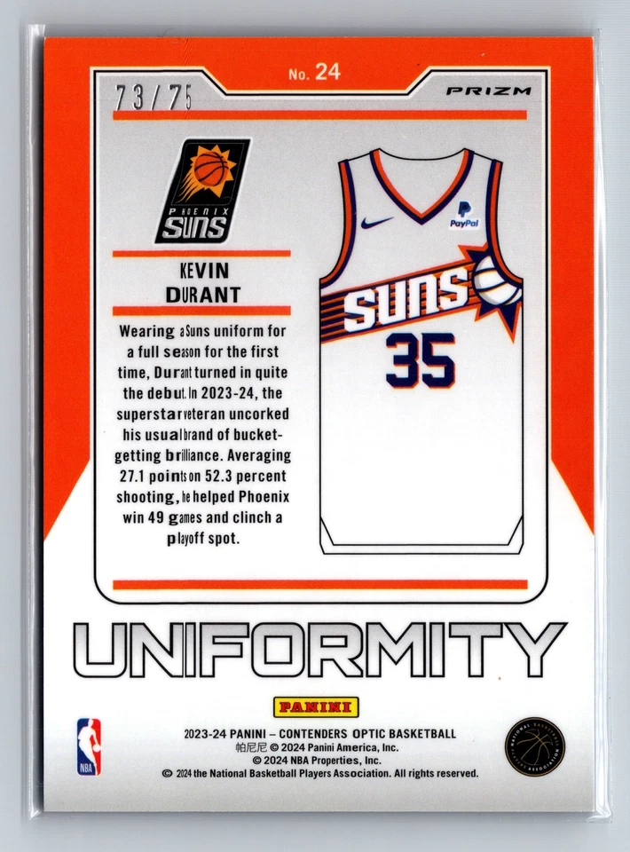 2023 Contenders Optic Kevin Durant Uniformity Blue Cracked Ice /75 Suns - Image 2 of 2