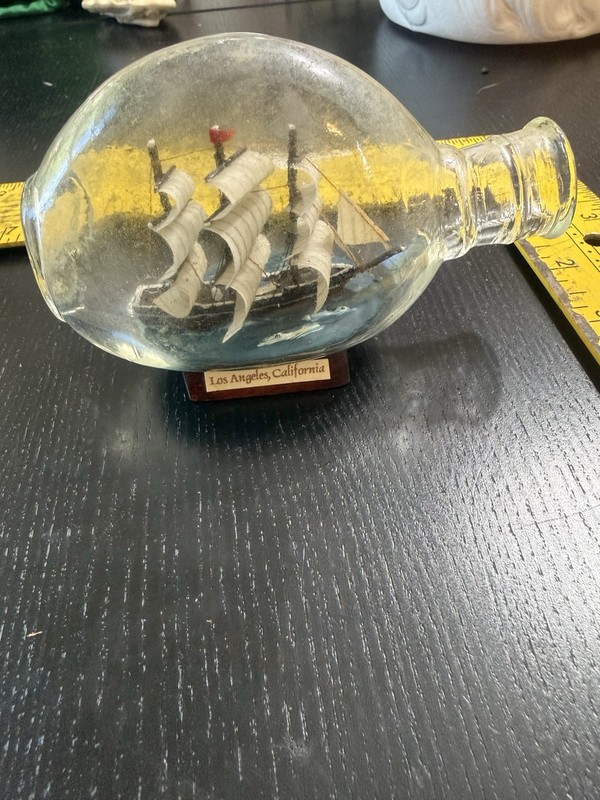 Ship in a Bottle W/Wood Wooden Stand Old Vintage Los Angeles California Souvenir