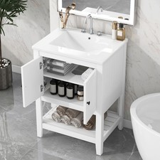 24" White Bathroom Vanity w/Ceramic Sink  Solid Wood Frame