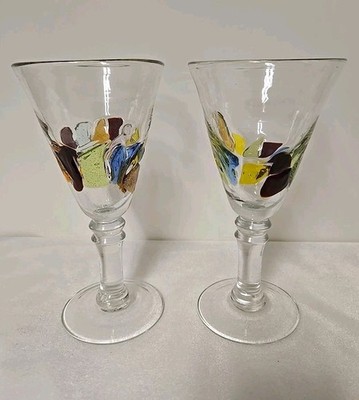 2 Handmade Global Amici 8 3/8'' ''Fresh'' Multi Color Fused Stemmed Glass Goblets