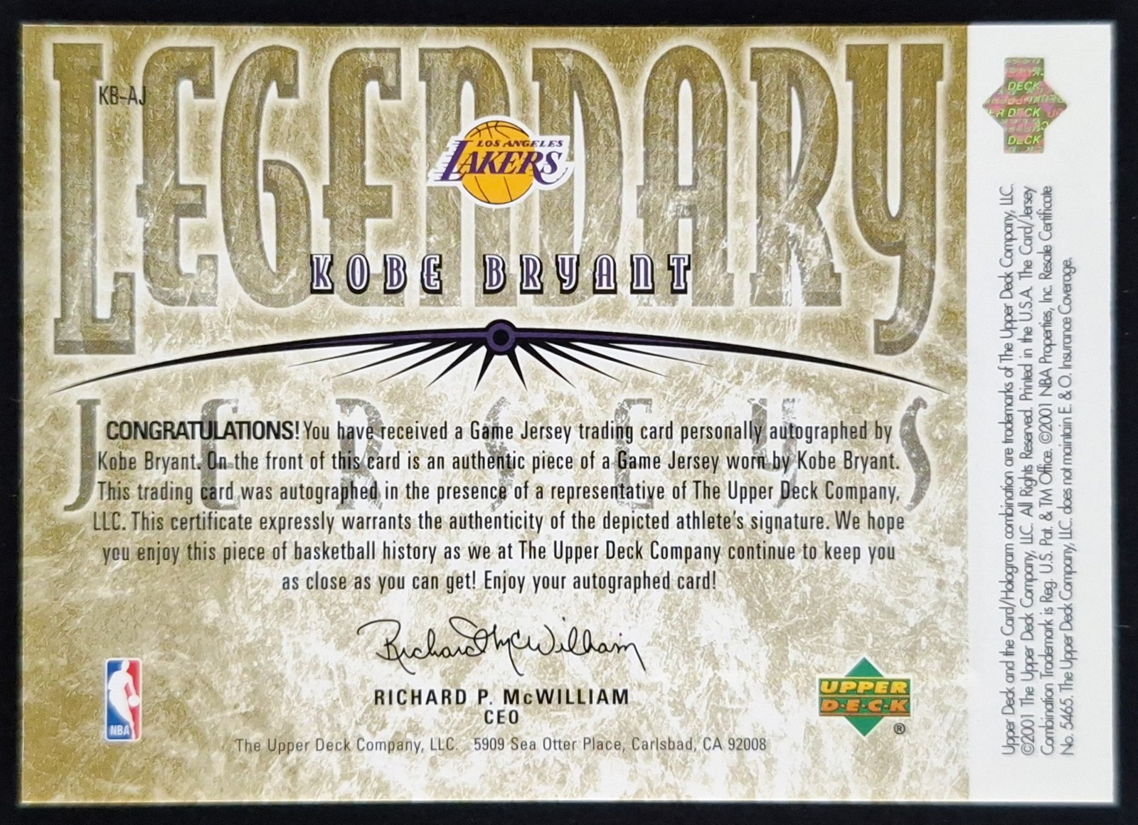 2000-01 Upper Deck Legends KOBE BRYANT 39/50 Game-Worn Patch On Card Auto #KB-AJ view 2
