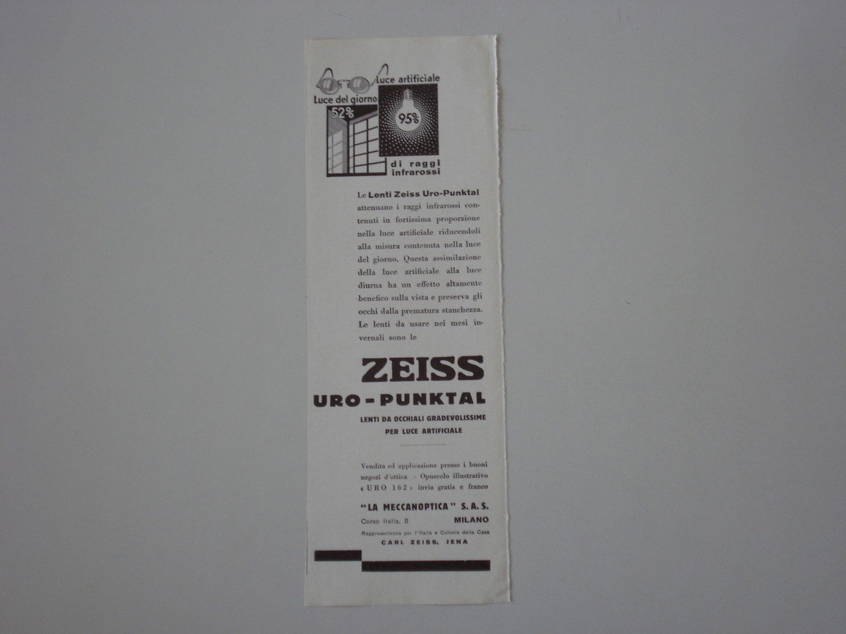 advertising Pubblicità 1937 ZEISS URO PUNKTAL LENTI DA OCCHIALI