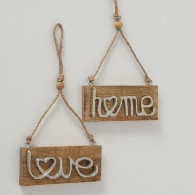 Dekohänger  Schilder Love Home L 18 cm Mangoholz Aluminium 2er Set