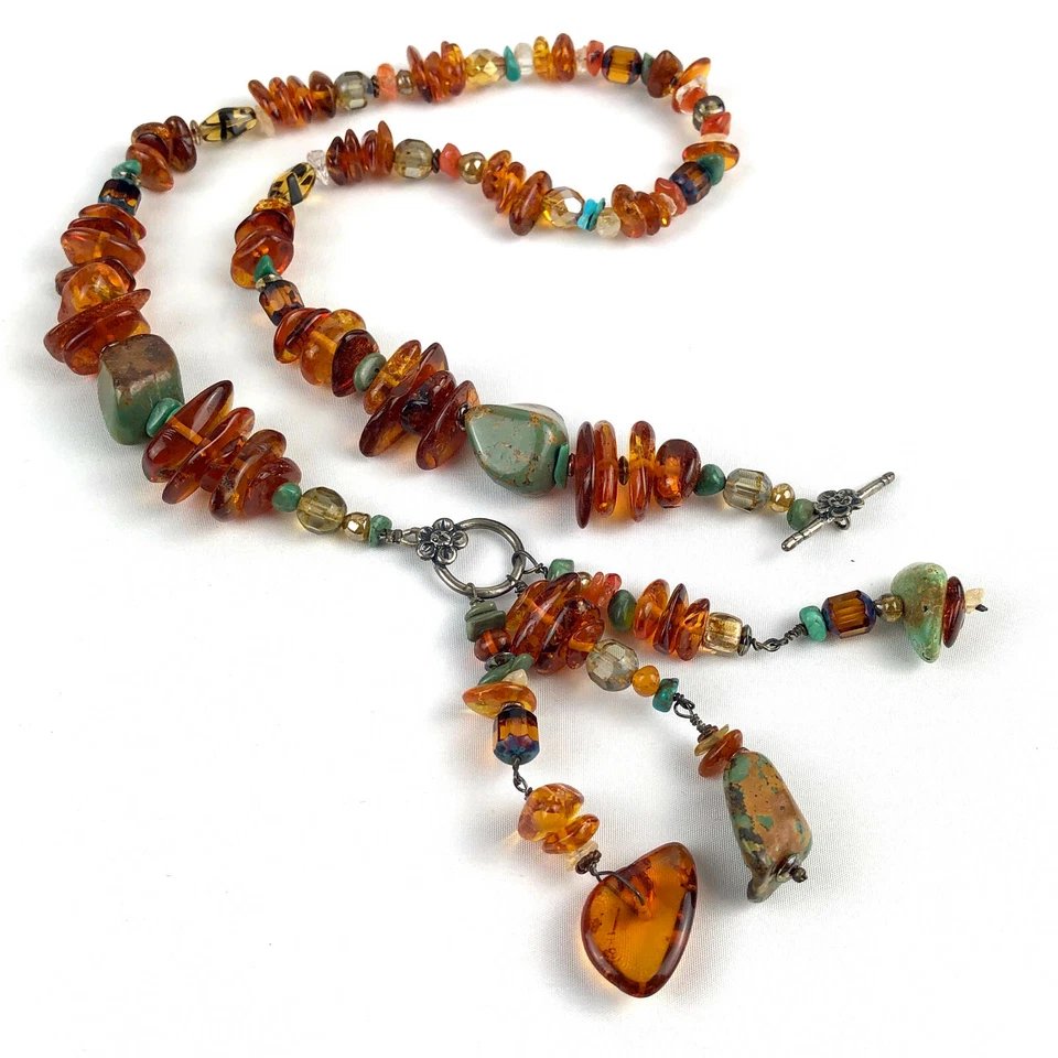 Collar con palanca frontal de ámbar báltico, turquesa Royston, vidrio de plata de ley Foto 2 de 4