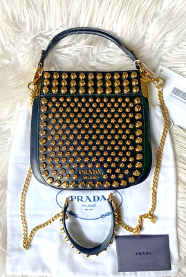 PRADA Gold Studded Embellished Black Leather Top Handle PRADA Gold Studded Embellished Black Leather Top Handle