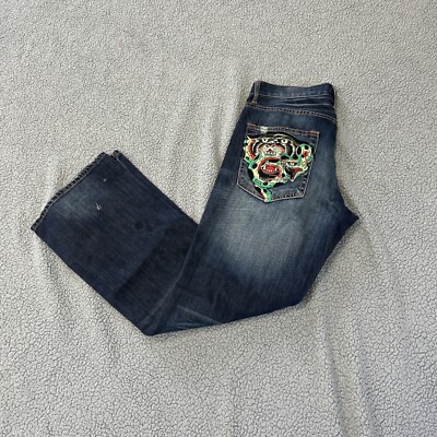 Ed Hardy Embroidered Jeans Mens 35x33 Baggy Spell Out Blue Denim