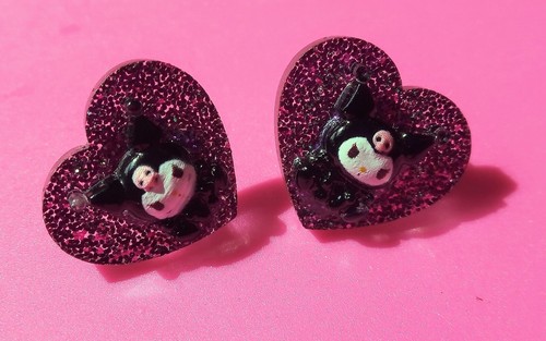 Sanrio character *Kuromi Heart Stud Earrings* on stainless steel earring posts - Picture 9 of 15