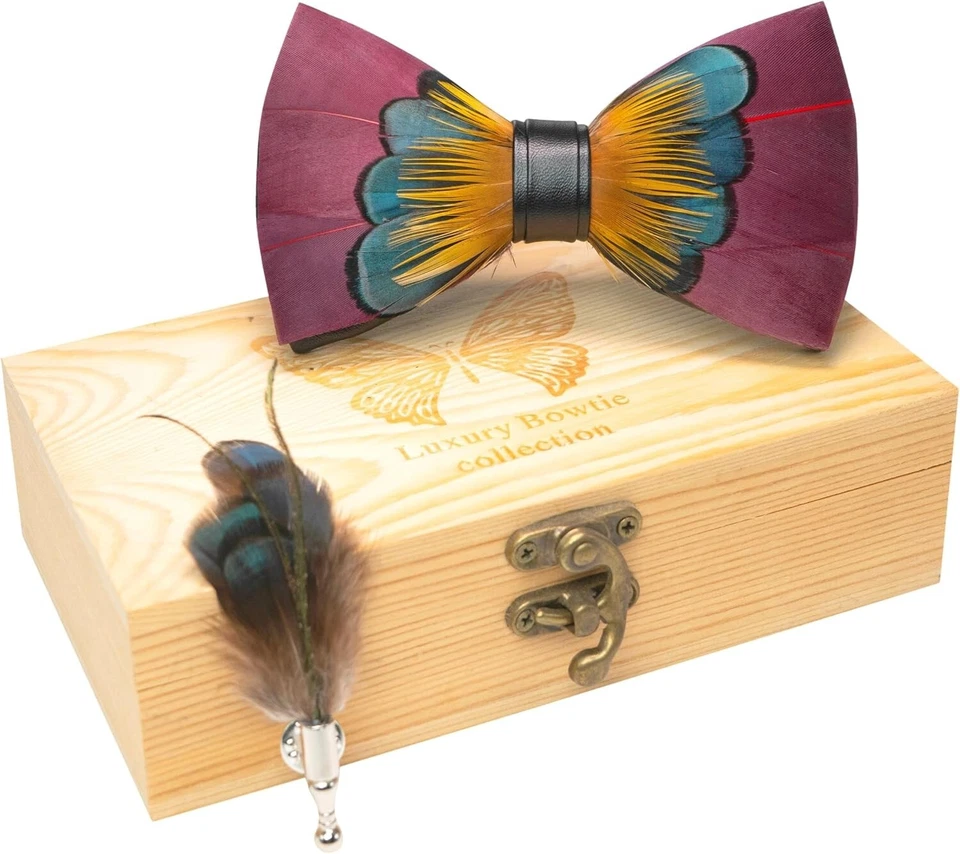 Eco-Friendly Handmade Feather Bow Tie Set with Brooch - Special Occasion Ready Foto 4 de 4