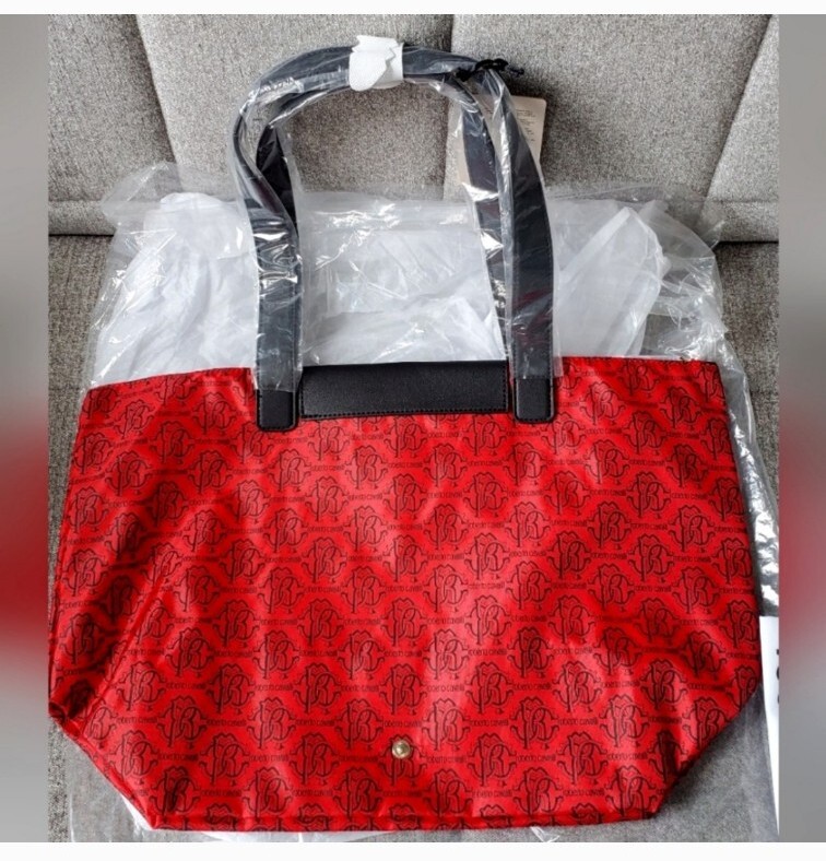 Roberto Cavalli Nylon Red/Black Logo Pattern Folding Medium Shopper Tote Bag — image 5