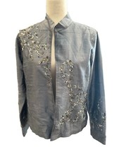 Chicos Silk Jacket Evening Gray Floral Sequin Embellished Embroidered 1 Large