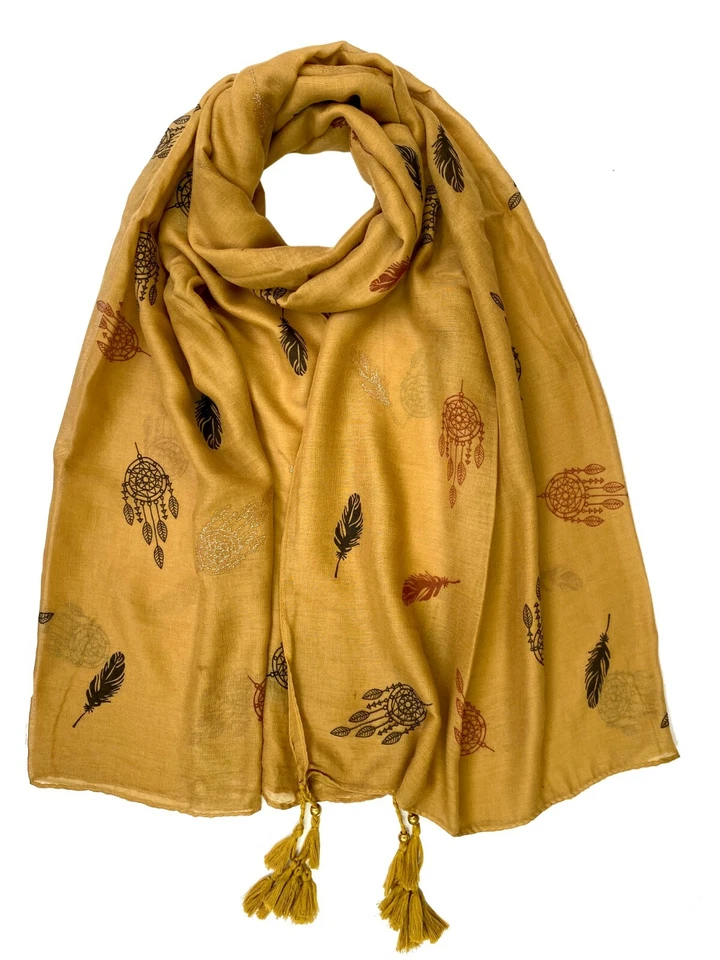 Dream Catcher Foil Print with Tassel Scarf Women Light Weight Hijab Shawl Snood