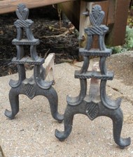 Rare & Ornate Antique Vintage Cast Iron Andirons Asian Tower Pyramid Pagoda 