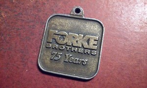 Vintage Brass FORKE BROTHERS AUCTIONEERS Souvenir Key Fob Lincoln Nebraska 75-yr