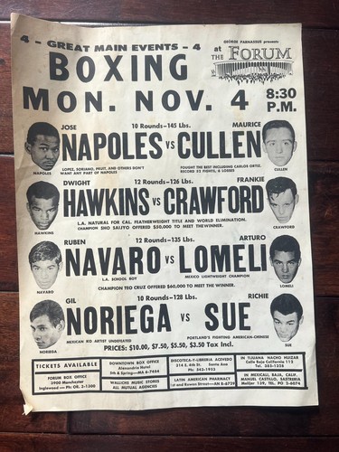 JOSE NAPOLES MAURICE CULLEN HAWKINS CRAWFORD 1970'S BOXING PROMO SHEET THE FORUM - Picture 2 of 3