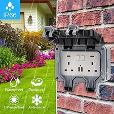 Weatherproof Outdoor Plug 13A 2 Gang Twin Switched Double USB Socket Outside Box