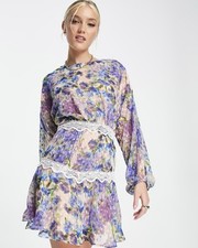 Hope & Ivy Tomas is Print Mini Dress With Long Sleeves In Lilac and Blue Size 12