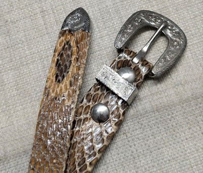 vintage SNAKESKIN buckle belt WESTERN genuine snake 36 handcrafted TAPERED